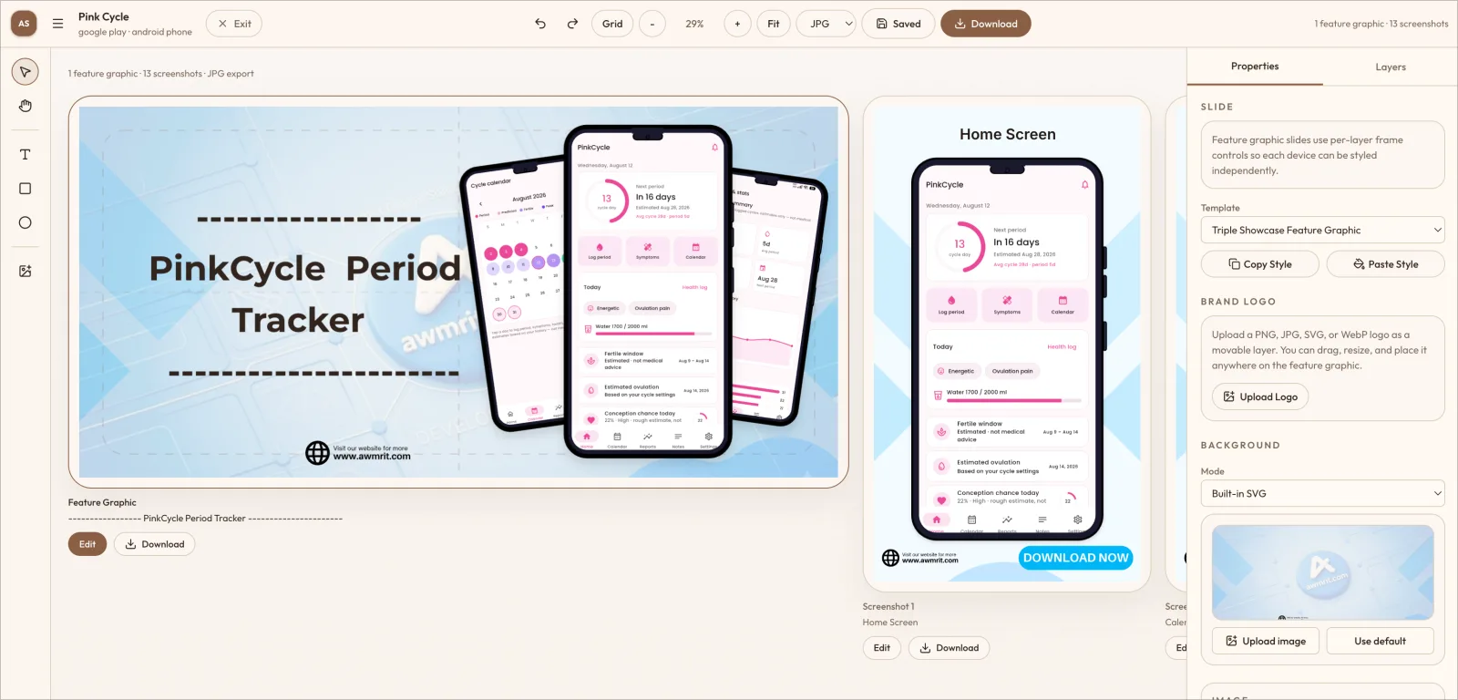 App Screenshot Studio editing feature graphics for PinkCycle Period Tracker